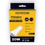 Konrow KCC20ACW - Adaptateur Allume Cigare 1 Port USB & 1 Port USB Type-C