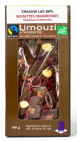 Tablettes de Chocolat lait BIO 38% noisette cranberries 100g