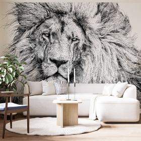 Papier peint panoramique avec visage de lion noir et blanc