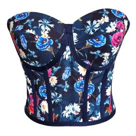 Bustier corset à nouer à motif floral bleu marine