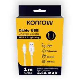 Konrow KCATLNW1 - Câble USB Lightning Vers Type A(1m, 2,4A, Nylon Tressé, Blanc)