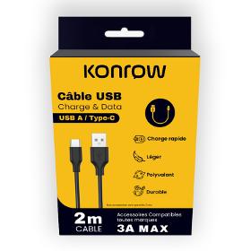 Konrow KCATCPB2 - Câble USB Type C Vers Type A (2m, 3A, Noir) Original, Blister