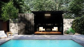 Pool house en container avec auvent refermable sur vérin