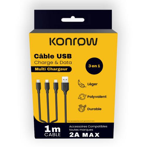 Konrow KC3IN1PB - Câble USB 3 En 1 - Type C, Micro USB & Lightning Vers Type A