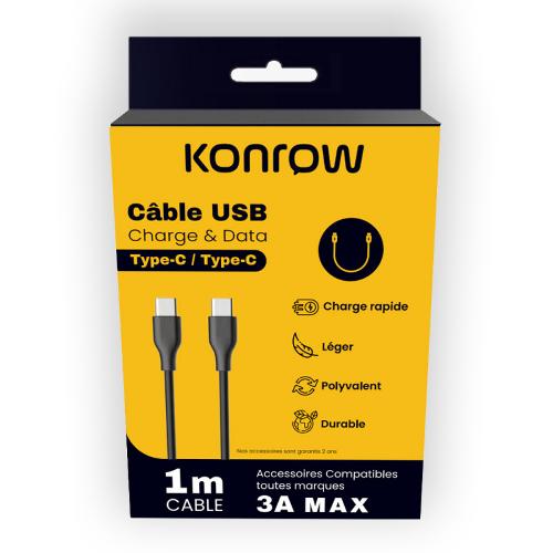 Konrow KCCTCPB1 - Câble USB Type C à Type C (1m, 3A, Noir) Original, Blister