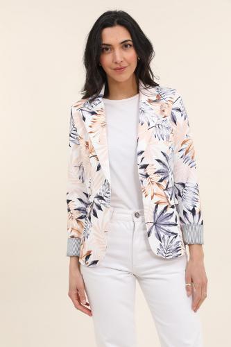 Veste Blazer à imprime fleurs et les manches revers rayure vrais poches