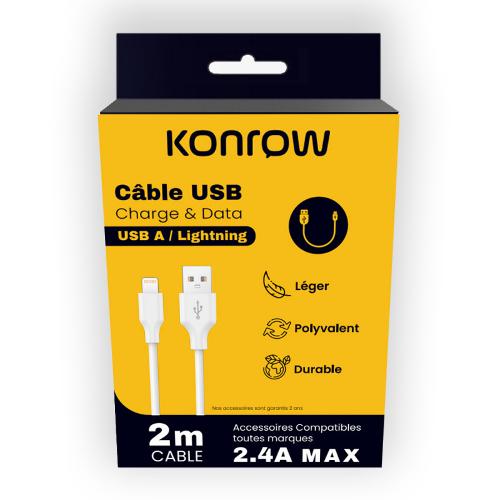 Konrow KCATLPW2 - Câble USB Lightning Vers Type A(2m, 2,4A, Blanc)