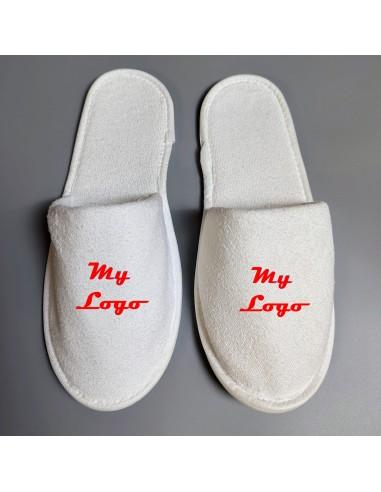 Chaussons hotel avec logo imprimé - mules fermées jetables en micro coton éponge