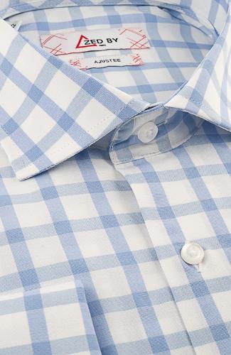 Chemise col italien carreaux bleu ciel