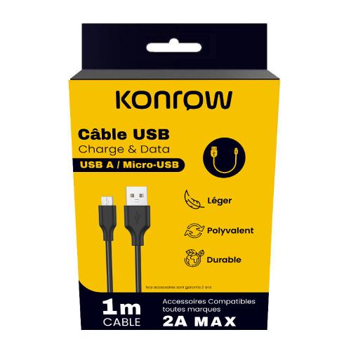 Konrow KCATMPB1 - Câble Micro USB Vers Type A (1m, 2A, Noir) Original, Blister