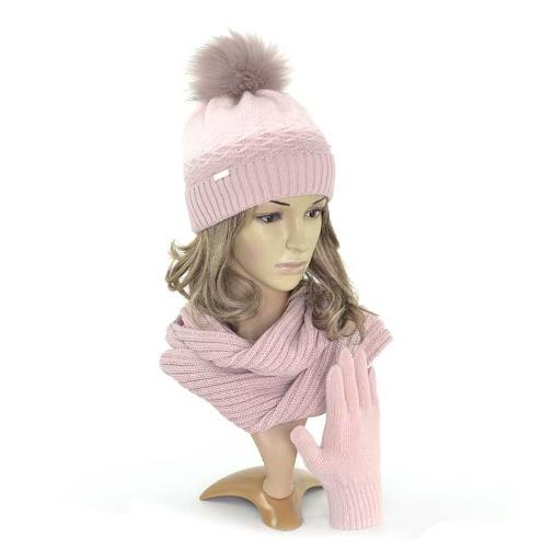 Bonnet d'hiver fille à pompon rose poudré